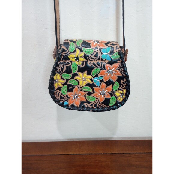 Black Flowered Hand Tooled Leather Purse - Picture 3 of 5